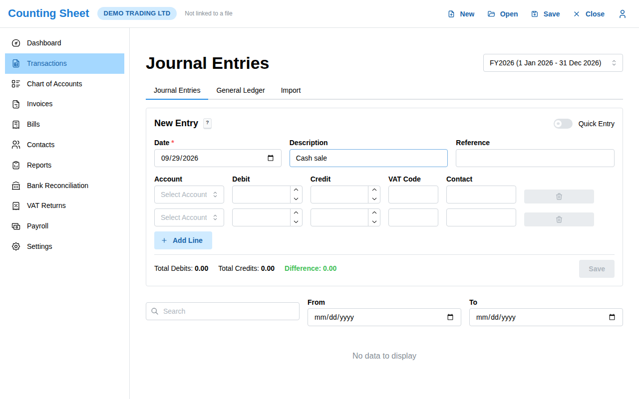 Recording a journal entry in Counting Sheet, with the debit and credit totals shown side by side